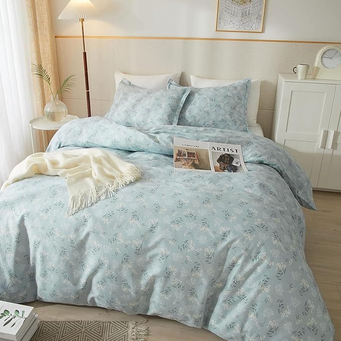 VM VOUGEMARKET Floral Comforter Set Queen Blue Comforter Set Garden Style Bedding Set Aesthetic Flower Botanical Comforter Set Soft All Seasons Boho Floral Comforter Set Queen Size