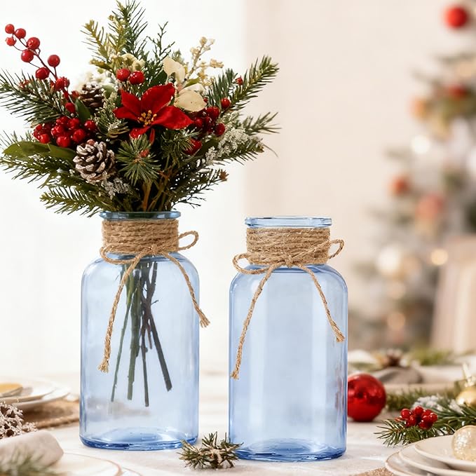 Vintage Glass Flower Vase,6 Pack Blue Farmhouse Glass Centerpiece Vases Mason Jars for Weddings, Parties & Home Decor Bulk (6, Blue)