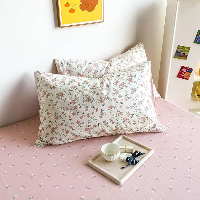 HighBuy White Cotton Floral Duvet Cover Full Girl Pink Floral Bedding Set Garden Style Botanical Coquette Bedding Comforter Cover with Zipper Closure,Cottagecore Duvet Cover Set Full,2 Pillowcases