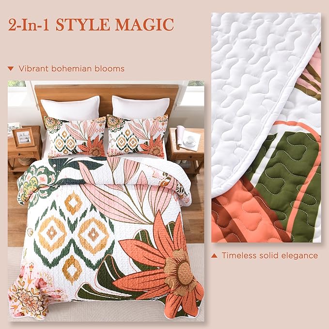 Andency Floral Boho Super King Quilt Bedding Set Pink, 3 Pieces Farmhouse Flower Botanical Bedspreads with 2 Shams, Soft Reversible Lightweight Microfiber Coverlet Set for All Season, 120"x120"