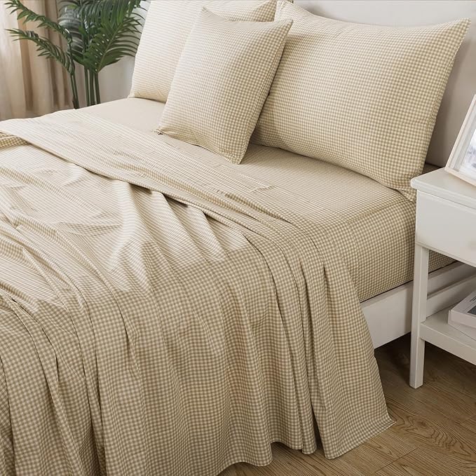 FADFAY Brown Plaid Twin Size Sheets 100% Cotton Geometric Checker Bedding Teens Grid White Gingham Pattern College Bedding Deep Pocket Sheets with 2 Pillowcases Ultra Soft 4pcs, Twin Size