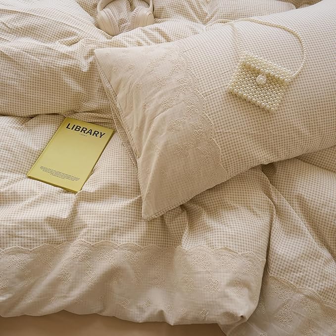 LifeTB Tan Gingham Duvet Cover Twin 3 Pieces Romantic Lace Duvet Cover Vintage Plaid Checkered Comforter Cover with 2 Pillowcases Soft Microfiber Beige Tan Grid Farmhouse Plaid Bedding Set
