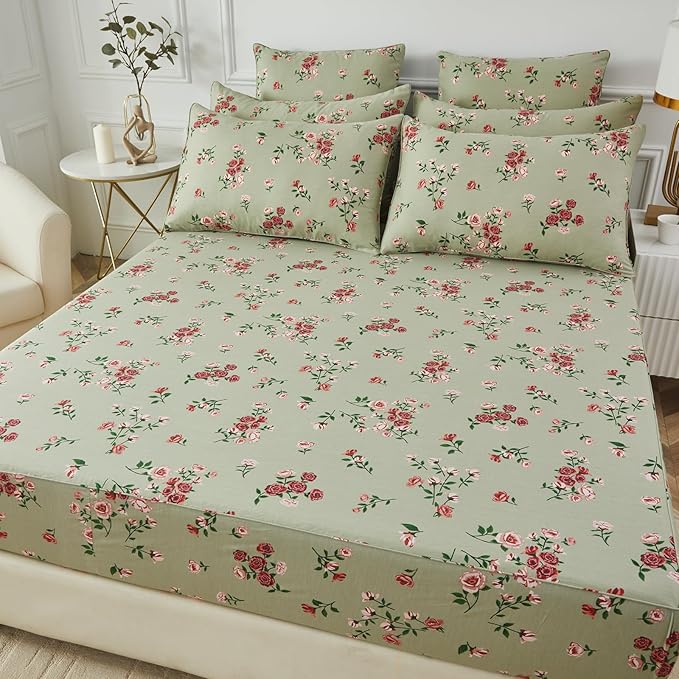 FADFAY Twin XL Sheet Set 100% Cotton Sage Green Bed Sheets, French Country Red Rose Floral Pattern, Soft Cool Luxury Bedding, Shabby Vintage Style, 4 Pieces Deep Pocket Fitted Sheet, Twin Extra Long