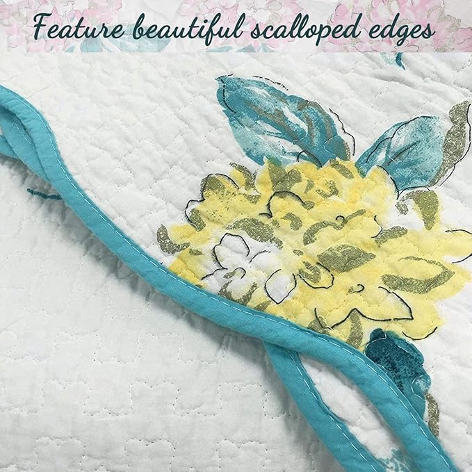 Cozy Line Home Fashions 100% Cotton Turquoise Blue Floral Hydrangea Garden Leaf Reversible Quilt Bedding Set, Coverlet, Bedspread (Valencia Bloom, King-3 Piece)