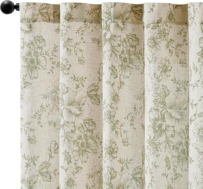 jinachan Linen Blend Floral Curtains for Living Room 63 Inch Length Christmas Sage Green Printed Curtain Rod Pocket Back Tab Farmhouse Peony Flower Patterned Drapes Bedroom Curtains Set 2 Panels