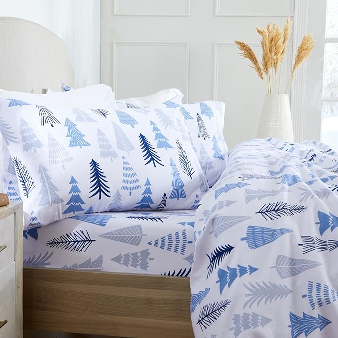 Market & Place 100% Turkish Cotton Flannel Sheet Set | 4 Piece Deep Pocket Novelty Cozy Winter Bed Sheets | Double Brushed for Extra Softness & Comfort | Alpine Collection (Full, Blue Forest)