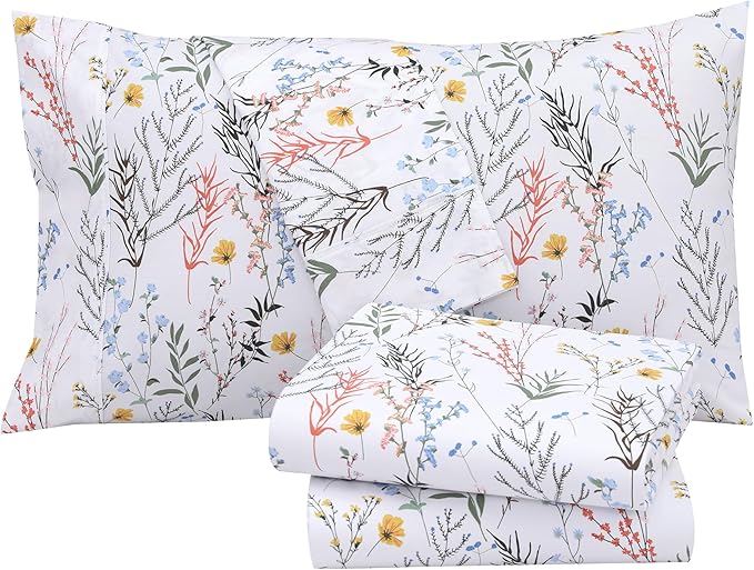 RUVANTI 100% Cotton Sheets Queen Size Set, 4 Pieces, Soft & Breathable Percale Weave Bedding, Deep Pocket 16", Hotel Standard, Crisp Cool Feeling, Durable, Perfect Floral Bed Sheet, Aroma
