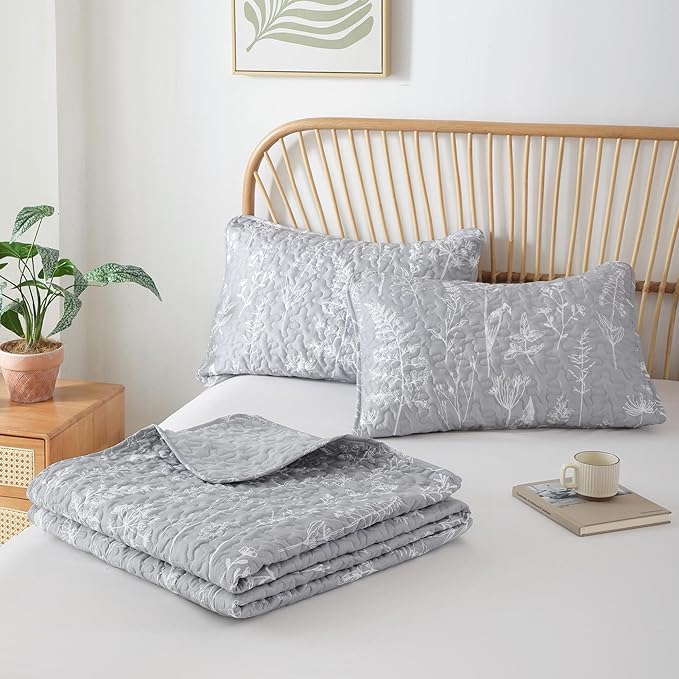 JANZAA Quilts Queen Size Bed Spread Botanical 3 Pieces Quilts Queen Size Sets with Floral Pattern Lightweight Microfiber Bedding Reversible 1 Quilt and 2 Pillow Cases-Grey