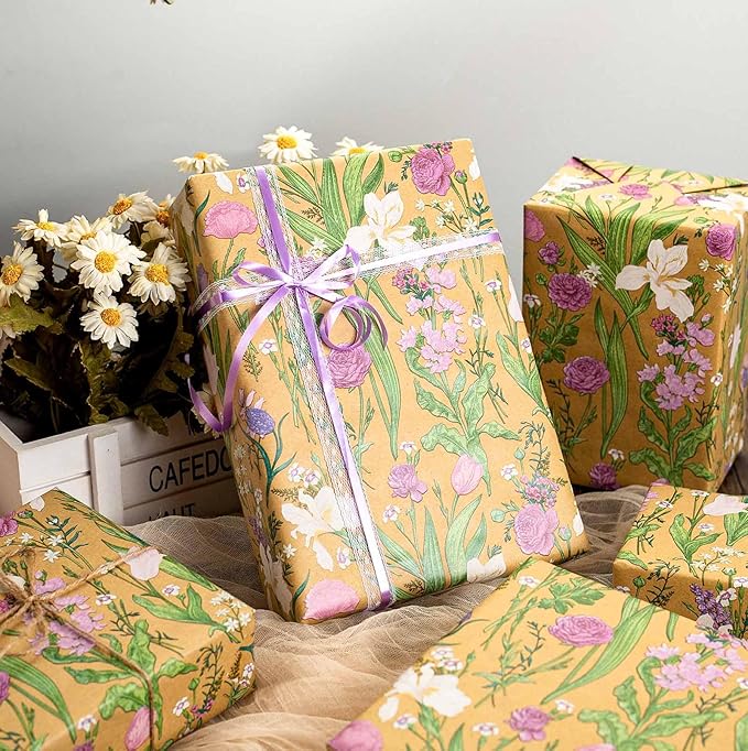 MAYPLUSS Kraft Floral Wrapping Paper Roll - 17Inch x 33Feet - Colorful Watercolor Boho Forest and Garden Flower Gift Wrap Green Wedding Gift Wrap for Birthday, Mothers Day, Bridal Shower, Engagement