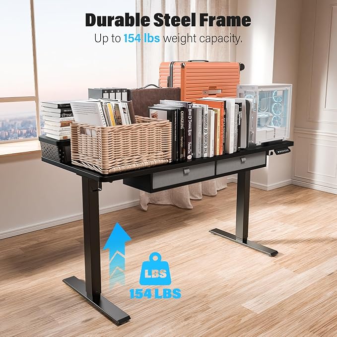 Electric Standing Desk with 4 Drawers 40''x 24'' Small Adjustable Height Sit to Stand Up Desk with Storage Shelf, C-Clamp Mount Compatible Black Home Office Desks Computer Desk Ergonomic Workstation