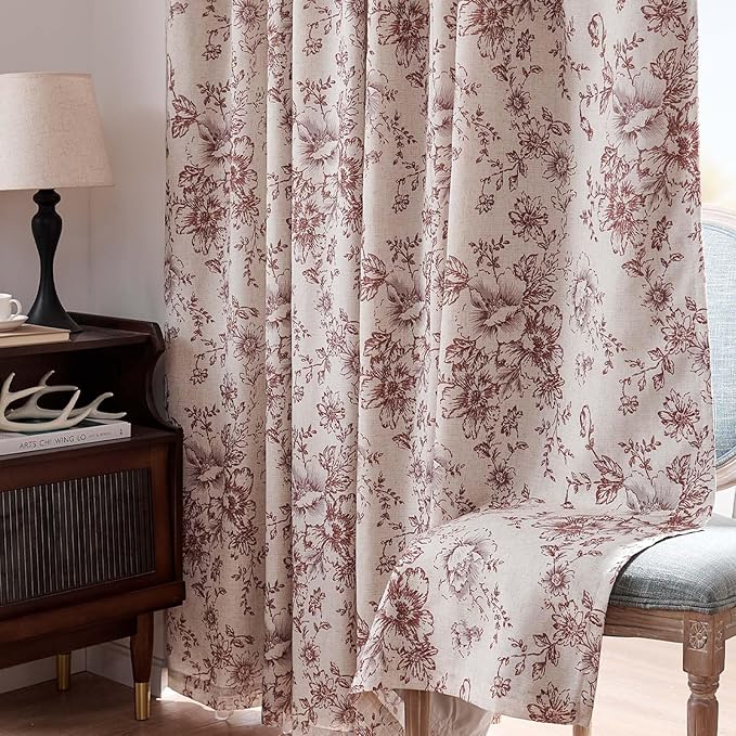 jinchan Blackout Floral Curtains Linen Blend Curtain for Living Room 63 Inch Length Christmas Brick Red Flower Printed Drapes for Bedroom Rod Pocket Back Tab Farmhouse Curtains Set 2 Panels
