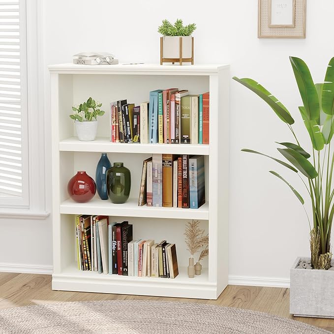 43 in Tall Bookcase, 3-Tier Bookshelf Open Storage, 33 inch Wide Floor Standing Indoor Furniture, Book Cases for Home School Library Office Bedroom Kids, White 3 Tiers