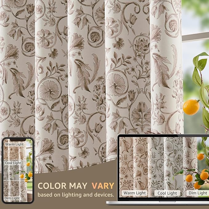jinchan Floral Blackout Curtains for Bedroom Living Room 63 Inches Length Farmhouse Curtains Room Darkening Vintage Short Drapes Traditional Rod Pocket Window Treatment 2 Panels Set Taupe on Beige