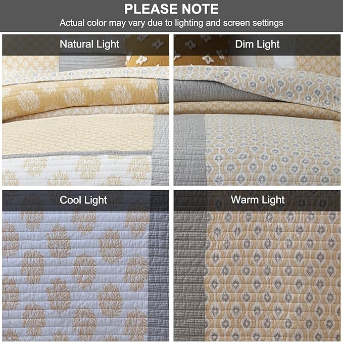 PANGUSHAN Quilt Set King Size,100% Cotton Bedspread Quilt Bedding Set,Floral Patchwork Quilt Set for King Bed,Yellow/Grey/White Bed Spread,Lightweight Comforter Reversible Quilt,All Season,3 Pieces