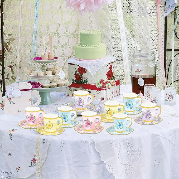 24 Sets Floral Paper Tea Cups and Saucers Disposable Tea Party Supplies Colorful Flower Teacups with Handle and Plates for Hot Cold Drink Wedding Birthday Party Baby Shower