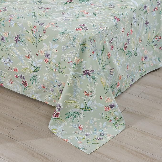 RYNGHIPY Shabby Flowers Print Bed Sheet Collections Egyptian Cotton Garden Floral Sheets (Green Floral,Queen Size)