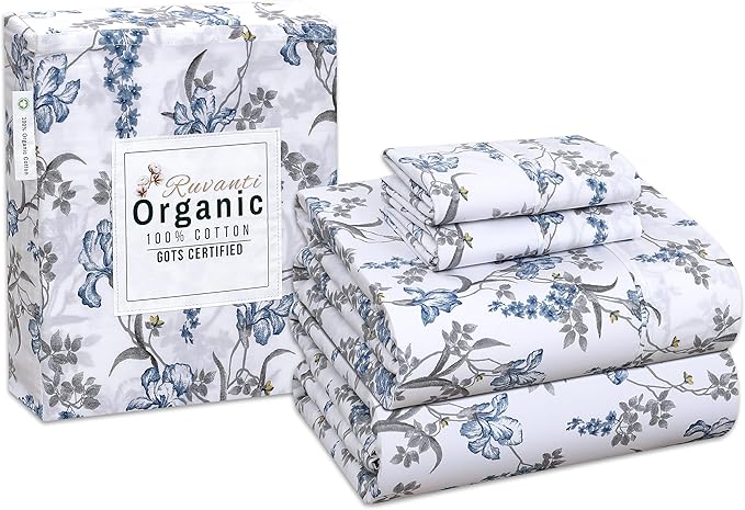 RUVANTI 100% Organic Cotton Sheets King Size, Percale Weave, GOTS Certified, 4-Piece Set, Deep Pocket 15", Crisp & Breathable, Soft Durable Bedding, Sábanas Algodón Orgánico – Deluxe
