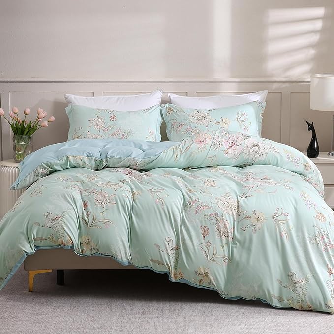 LONAVA King Flower 3 Pcs Duvet Cover Set, Breathable Soft Microfiber Light Blue Lining Comforter Cover with Zipper Closure, and 2 Anti-Pilling, Fade Resistant Pillowcases, Mint Flower