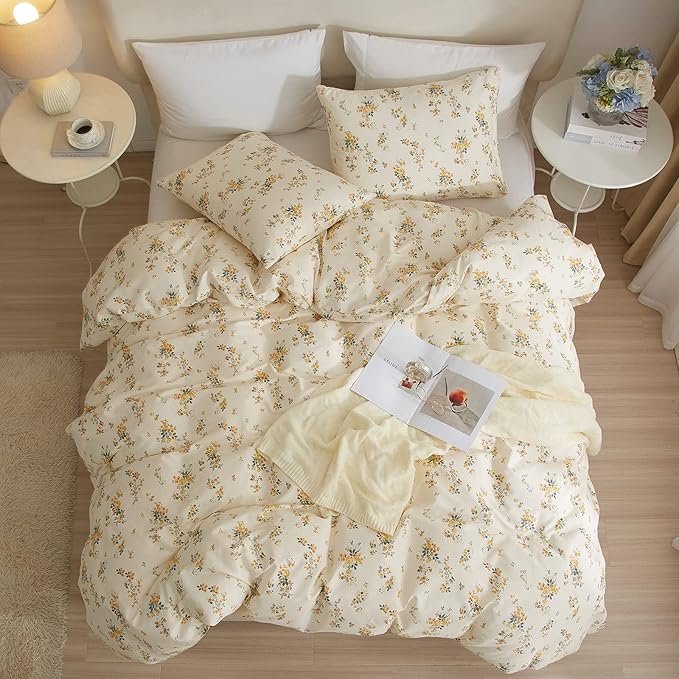 EAVD Garden Style Yellow Floral Duvet Cover King Soft Cotton Bedding Set Chic Botanical Floral Bedding Set with 2 Pillowcases Reversible Aesthetic Comforter Cover for All-Season