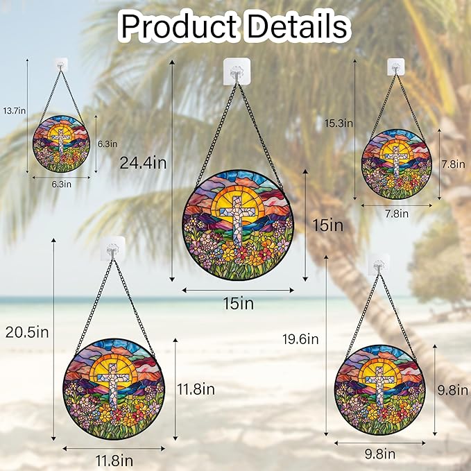 Stained Glass Window Hanging - Cross Flower Sea Sun Catcher for Door Terrace Garden Home Decor, Mountains Landscape Suncatcher Birthday Gifts for Lovers Women Men Dad Mom Nana 15 in