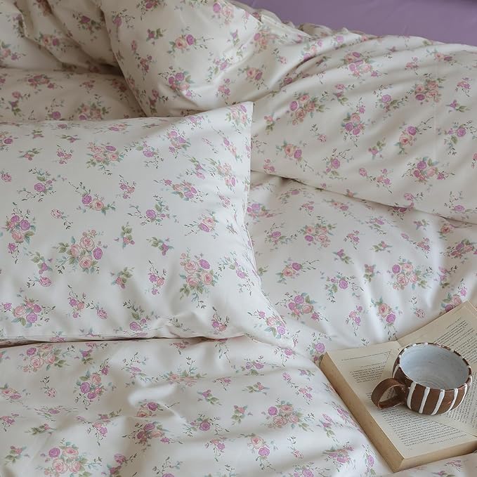 EAVD Vintage Style Botanical Floral Duvet Cover Queen White Soft Cotton Chic Shabby Garden Pink Purple Floral Bedding Set with 2 Pillowcases Reversible Botanical Duvet Cover with Zipper Closure