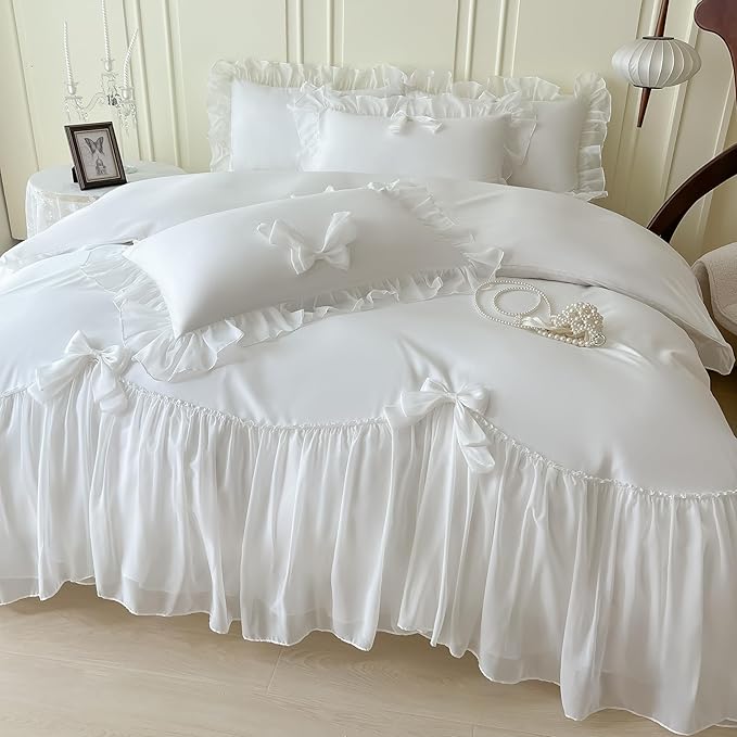 Chic Lace Bedding,Girls Twin Aesthetic Comforter Cover Set,Romantic French Princess Style Ruffled Duvet Cover with Lovely Bow with Zipper Closure-White,Twin