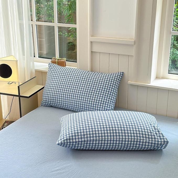 LifeTB Blue Gingham Comforter Set King 3 Pieces Modern Plaid Checkered Pattern Comforter Gingham Bedding Set Fluffy Soft Grid Plaid Bedding Comforter Farmhouse Checkered Comforter Set King Size