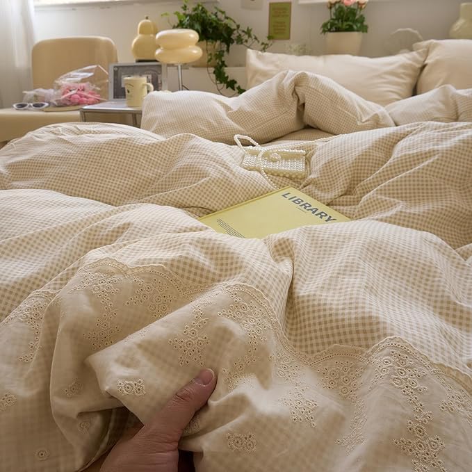 LifeTB Tan Gingham Comforter Set King Romantic Lace Bedding Beige Plaid Comforter Set Vintage Grid Checkered Pattern Comforter with 2 Pillowcases Farmhouse Taupe Plaid Gingham Bedding Set