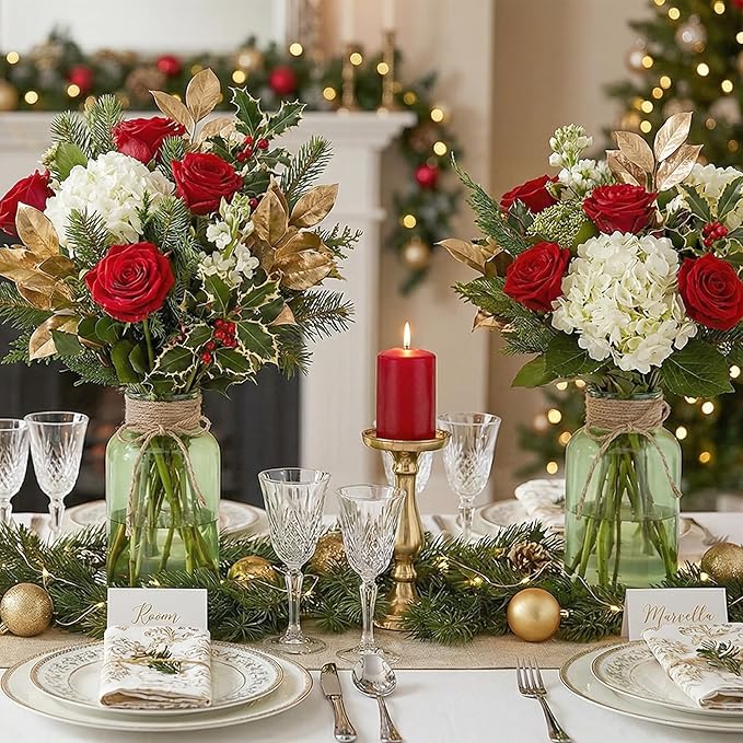 Vintage Glass Flower Vase,3Pack Farmhouse Green Glass Centerpiece Vases Mason Jars for Weddings, Parties & Home Decor Bulk (3, Green)