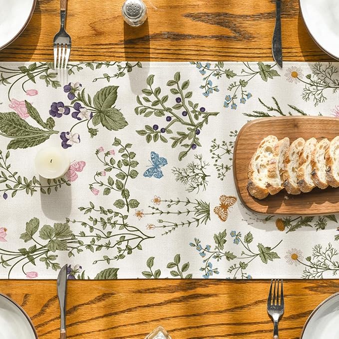 Artoid Mode Wildflowers Floral Spring Table Runner, Butterfly Seasonal Summer Kitchen Dining Table Decoration for Home Party Decor 13x90 Inch