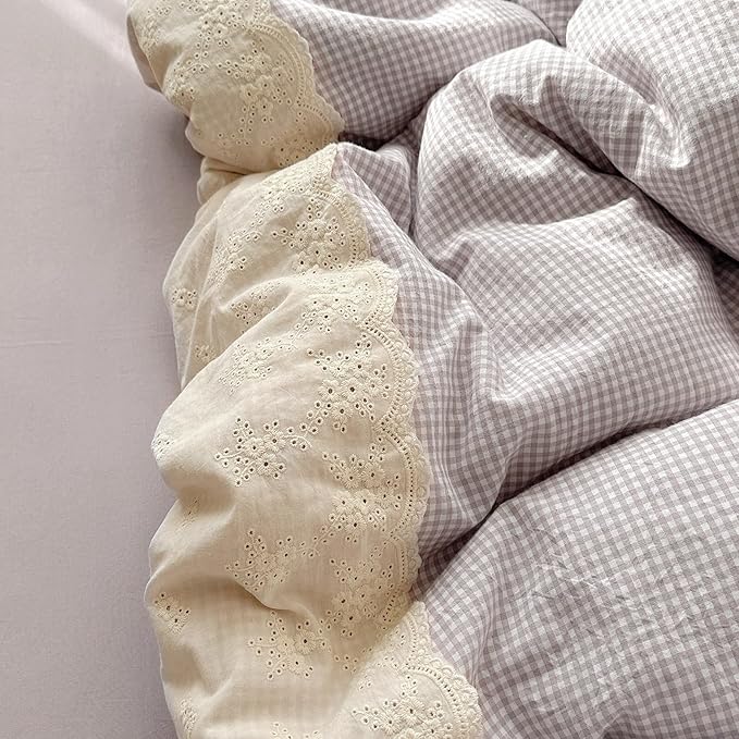 LifeTB Purple Gingham Duvet Cover Full Size Cozy Washed Microfiber Purple Checkered Plaid Duvet Cover with 2 Pillowcases Romantic White Lace Comforter Cover 3 Pieces Gingham Grid Bedding Set