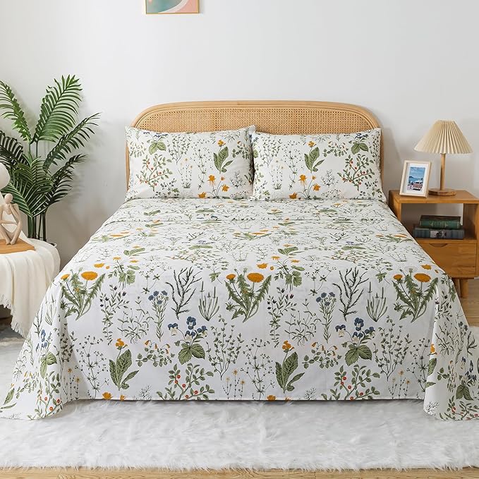 Zusbest King Size Sheets 100% Percale Cotton Green Floral Bed Sheet Set Yellow Flower & Green Leaves Botanical Pattern Printed on White Garden Luxury Crisp Soft Deep Pocket Fitted Sheet 17.5'' 4Pcs