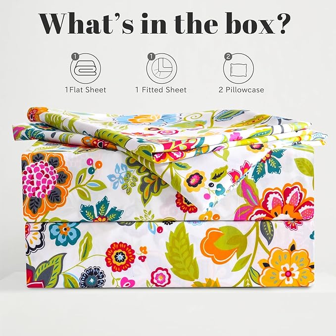 Bedlifes Queen Sheet Set Ultra Soft Breathable Silky Flower Bed Sheets Deep Pocket 100% Microfiber Bedding Sheets 4 Piece Queen Size Floral Spring