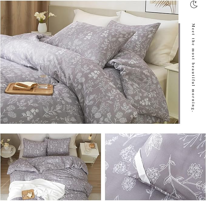 EAVD Garden Grey Floral Duvet Cover Full Soft Cotton Chic Shabby Cute Floral Bedding Set with 2 Pillowcases Fresh Reversible Vintage Botanical Duvet Cover with Zipper Closure