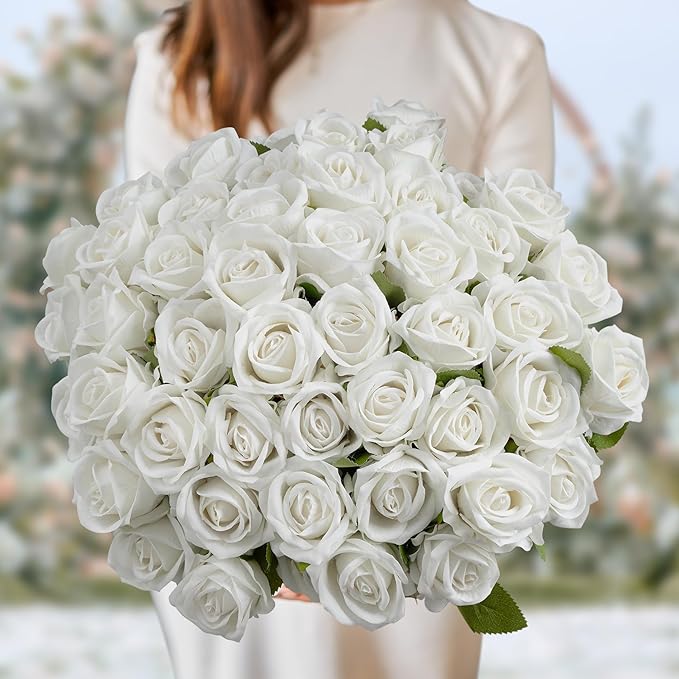 Fake Plants Roses Flowers Plastic Flowers Spring Decorations for Home Gifts for Gf Roses Artificial Flowers for Vase Fake Flowers Home Decor 19.6โ(50PCS White)