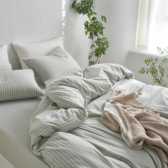 MooMee Striped Duvet Cover Set 100% Washed Cotton Linen Like Textured Breathable Durable Soft Comfy (Sage Green White Wide Stripes, Cal King 104"x98")