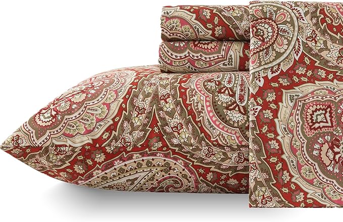 Zusbest California King Paisley Sheets 100% Cotton Burgundy Red Patterned Bed Sheet Set Luxury Soft Breathable Crispy Cooling Percale Printed Sheets 17.5 Inches Deep Pocket Boho Sheets, 4 Pieces