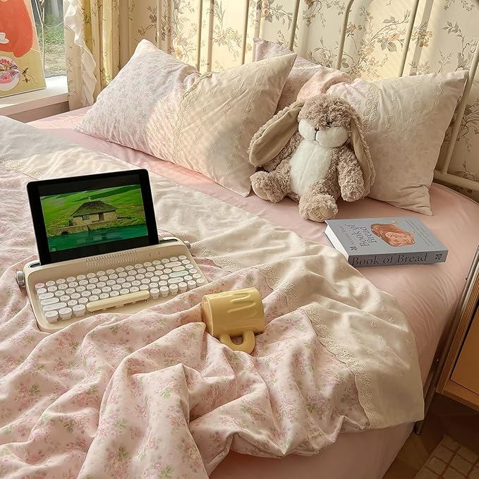 LifeTB Pink Floral Duvet Cover Twin XL Romantic Lace Bedding Set Garden Style Cottagecore Flower Duvet Cover with Zipper Closure Soft Washed Microfiber Botanical Comforter Cover for Teen Girls