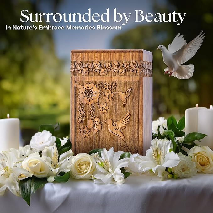 INTAJ Handcarved Rosewood Hummingbird Oversized Urn for Human Ashes - 640 lbs Companion Capacity - Wooden Cremation Urn Box for Burial Funeral Decorative Memorial Casket Floral Carving