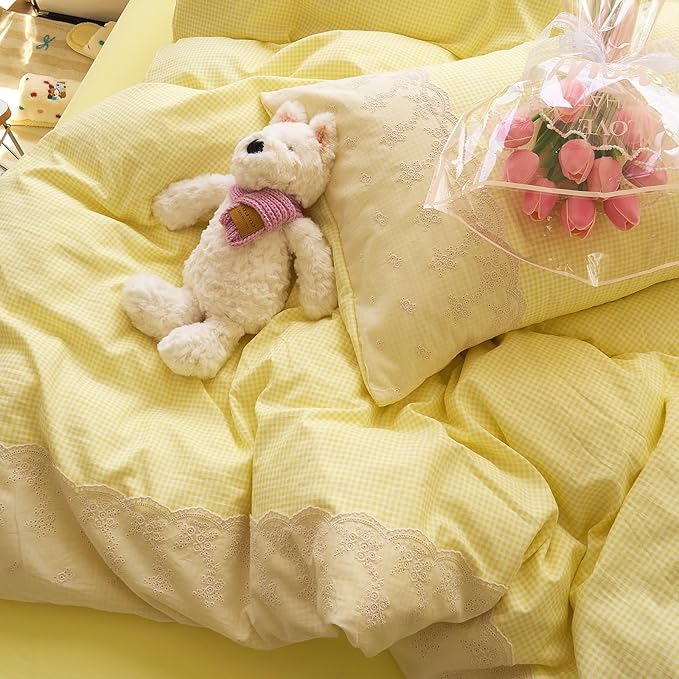 LifeTB Yellow Gingham Duvet Cover Twin XL 3 Pieces Romantic Lace Comforter Cover Super Soft Cream Yellow Grid Duvet Cover Farmhouse Plaid Checkered Comforter Cover Grid Gingham Bedding Set