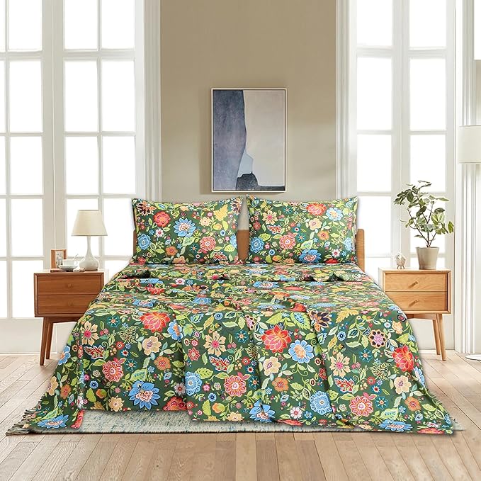 Bedlifes Full Sheet Set Ultra Soft, Breathable, Silky Flower Deep Pocket 100% Microfiber Bedding, 4 Piece Full Size with Floral Dark Green