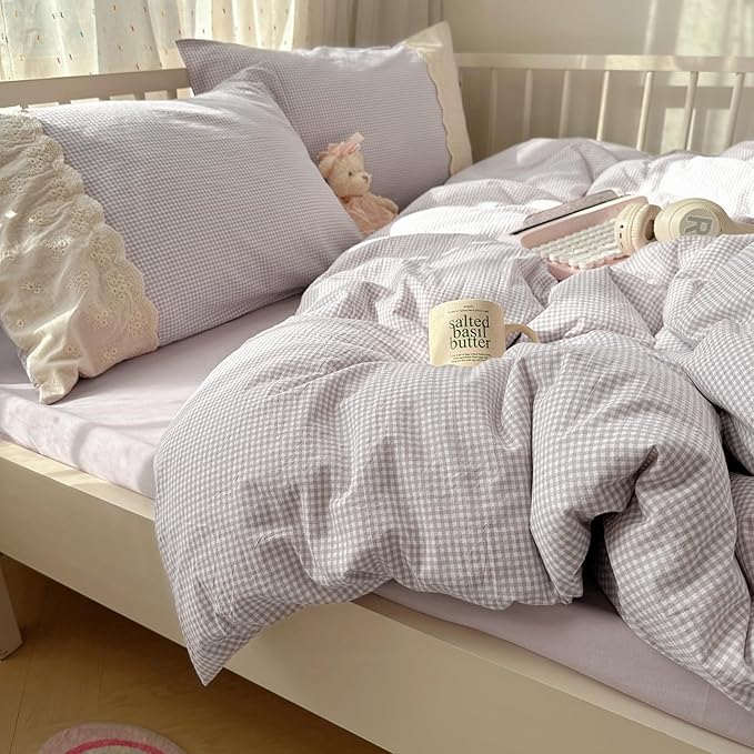 LifeTB Purple Gingham Comforter Set Full Size 3 Pieces Princess Lace Bedding Set Vintage Plaid Checkered Comforter with 2 Pillowcases Cozy Soft Breathable Purple Grid Comforter Set for Girls Teens