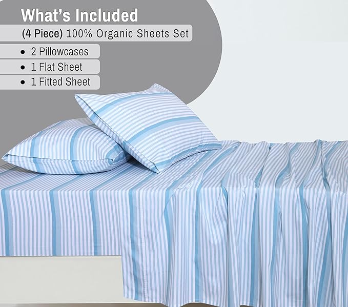 RUVANTI 100% Organic Cotton Sheets Queen Size, Percale Weave, GOTS Certified, 4-Piece Set, Deep Pocket 15", Crisp & Breathable, Soft Durable Bedding, Sábanas Algodón Orgánico – Nautical Stripes