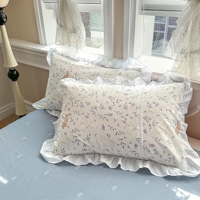 VM VOUGEMARKET Kids Comforter Set Full with Ruffles Botanical Rabbit Prints Bed Comforter with 2 Pillow Shams Lightweight Farmhouse Flower Quilt Set(3pcs,Full)