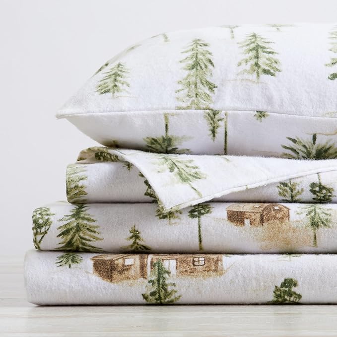 Market & Place 100% Cotton Twin Flannel Sheet Set | 3 Piece Deep Pocket Novelty Cozy Winter Bed Sheets | Double Brushed for Extra Softness & Comfort | Alpine Collection (Twin, Watercolor Forest)