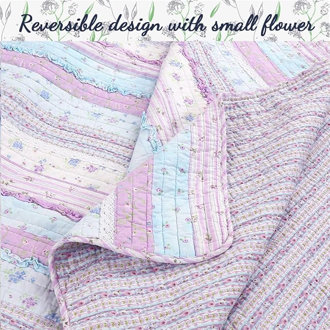 Cozy Line Home Fashions Shabby Chic Romantic Lace Purple Blue Floral Cotton Bedding Quilt Set, Reversible Coverlet, Bedspread (Lavender, Queen-4 Piece: 1 Quilt+2 Shams+1 Decor Pillow)