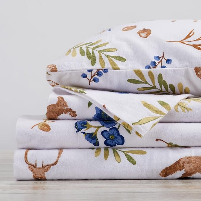 Market & Place 100% Cotton Full Flannel Sheet Set | 4 Piece Deep Pocket Novelty Cozy Winter Bed Sheets | Double Brushed for Extra Softness & Comfort | Alpine Collection (Full, Woodland Forest)