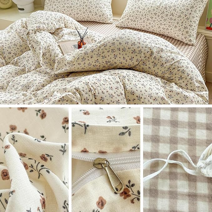LifeTB 100% Cotton Muslin Duvet Cover Queen Size Vintage Botanical Floral Duvet Cover Ultra Soft Flower Comforter Cover Lightweight Soft Breathable Gauze Bedding Comforter Cover with 2 Pillowcases