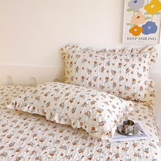 EAVD French Garden Cute Floral Duvet Cover with Ruffles Soft Cotton Chic Romantic Floral Bedding Set with 2 Pillowcases Fresh Botanical Duvet Cover with Zipper Closure