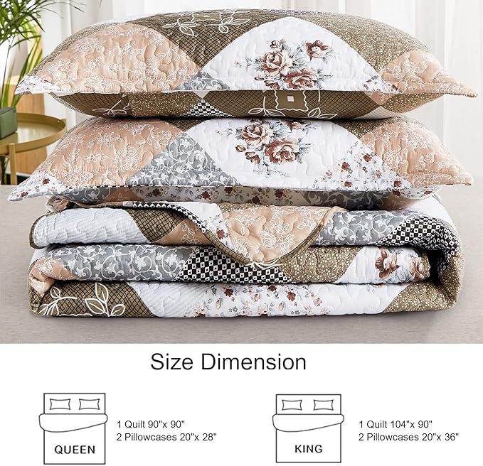 Dinjoy Floral Plaid Patchwork Quilt Set Twin Size, Reversible Brown Bedding Set Soft Microfiber Lightweight Bedspread Coverlet 3 Piece Fall Autumn Summer Use (68x86 inches)